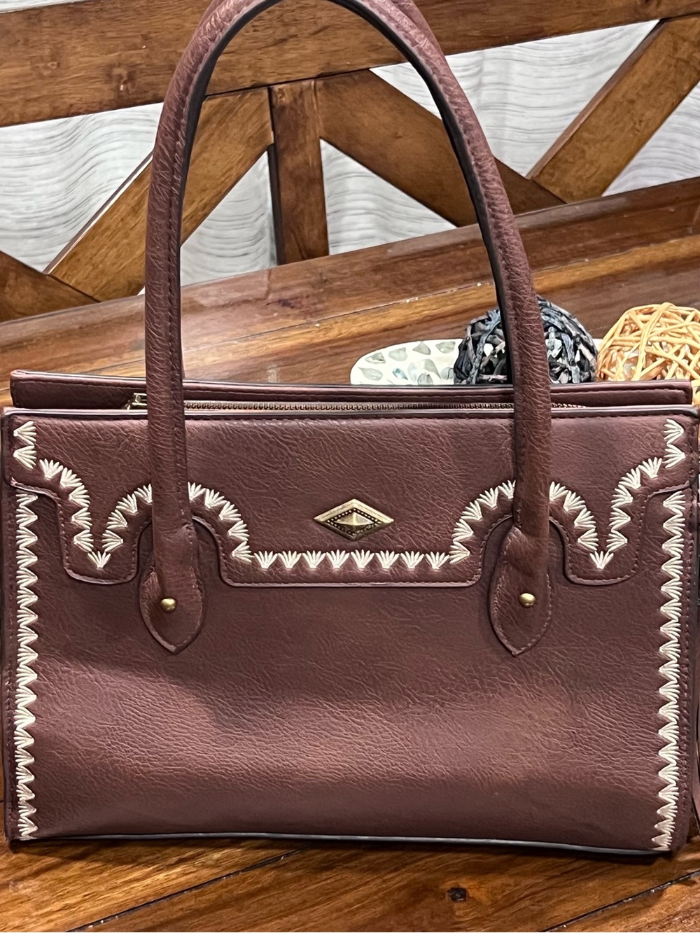 Darcy Marks Brown Embroidered Leather Shoulder Bag with Gold Accent